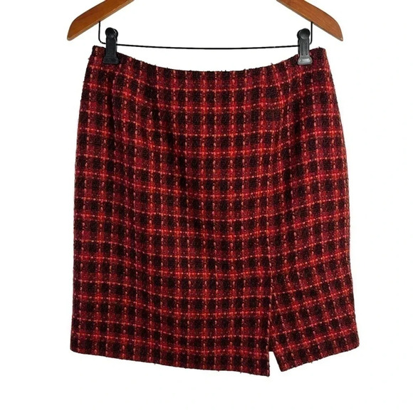Red Pink Plaid Tweed Skirt 10 Knee Length Pencil Business Career Office Fall - Picture 1 of 6